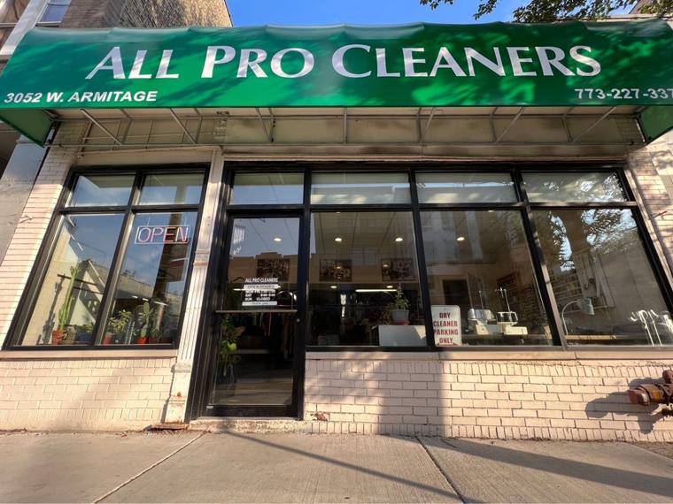All Pro Cleaners — attended drop-off laundry counter at 3052 W Armitage Ave in Logan Square, Chicago