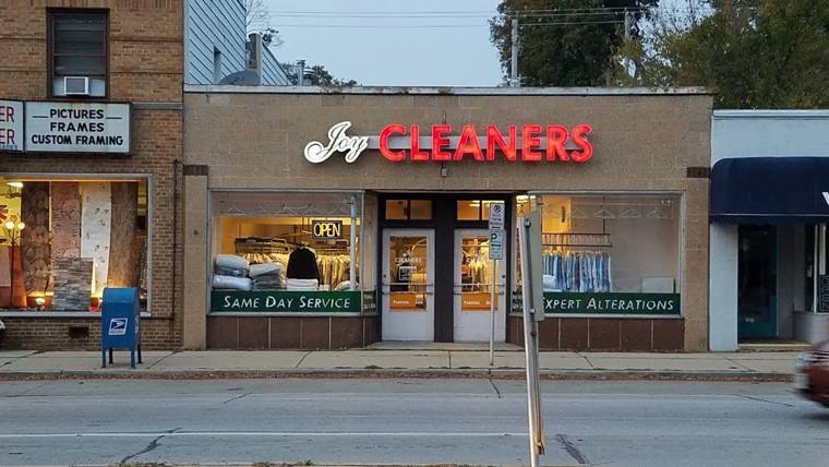 Joy Cleaners — attended drop-off laundry counter at 1931 W Belmont Ave in Roscoe Village, Chicago